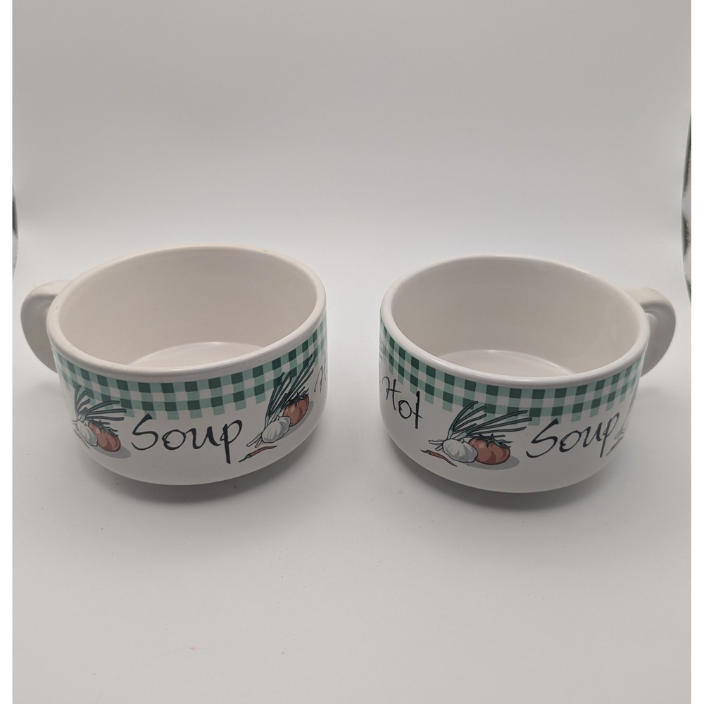 Houston Harvest Hot‎ Soup Mugs Set of 2 Green Checkered Vegetable Ceramic 31116